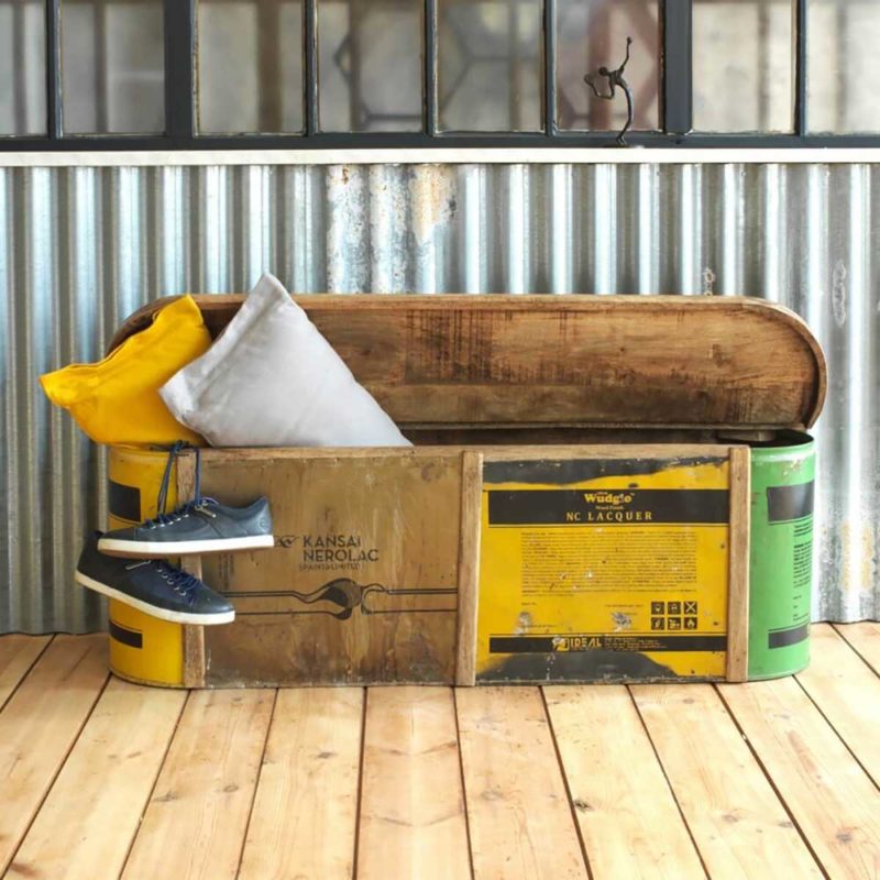 Banc coffre de rangement en bois style campagne avec siège en tissu