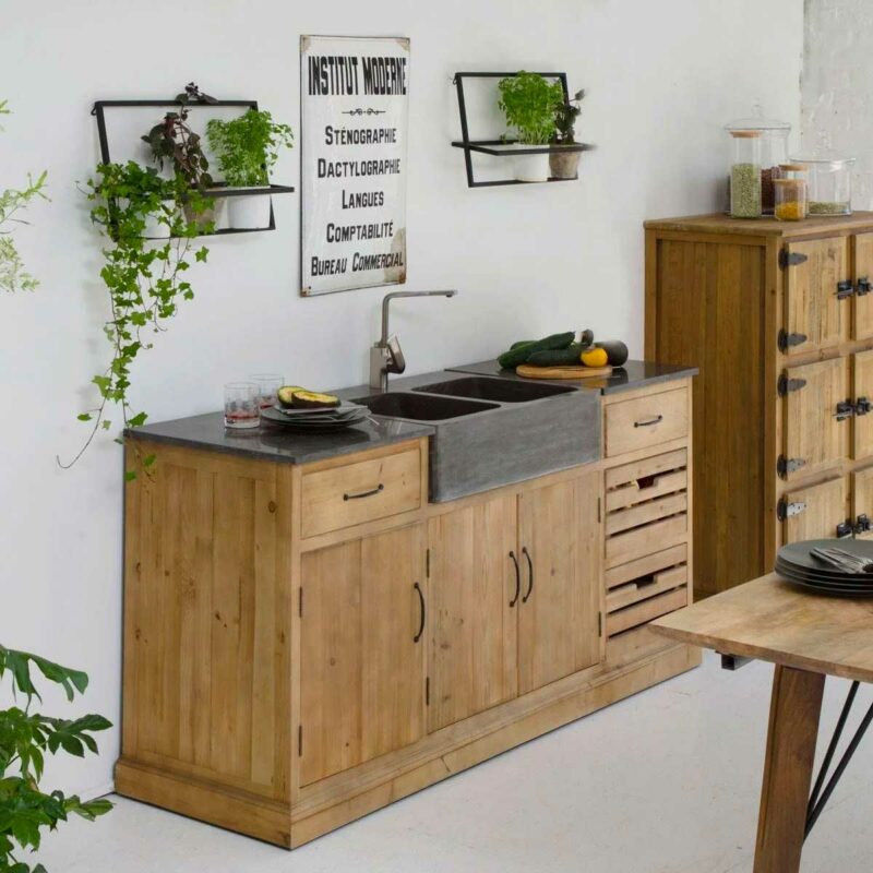 Meuble de cuisine en bois et pierre bleue style industriel