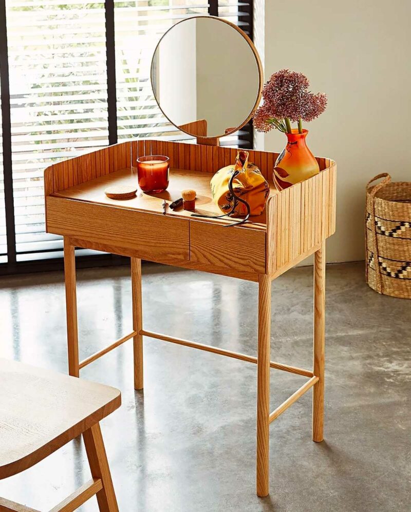 Coiffeuse moderne en bois massif avec miroir rond et deux tiroirs