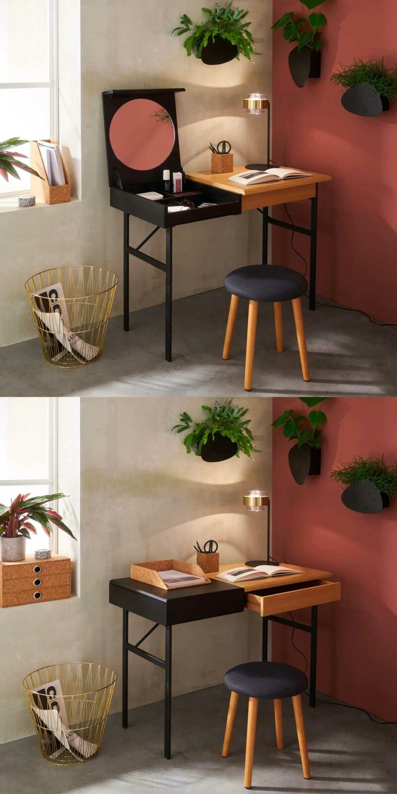 Une coiffeuse au design moderne qui se transforme en bureau