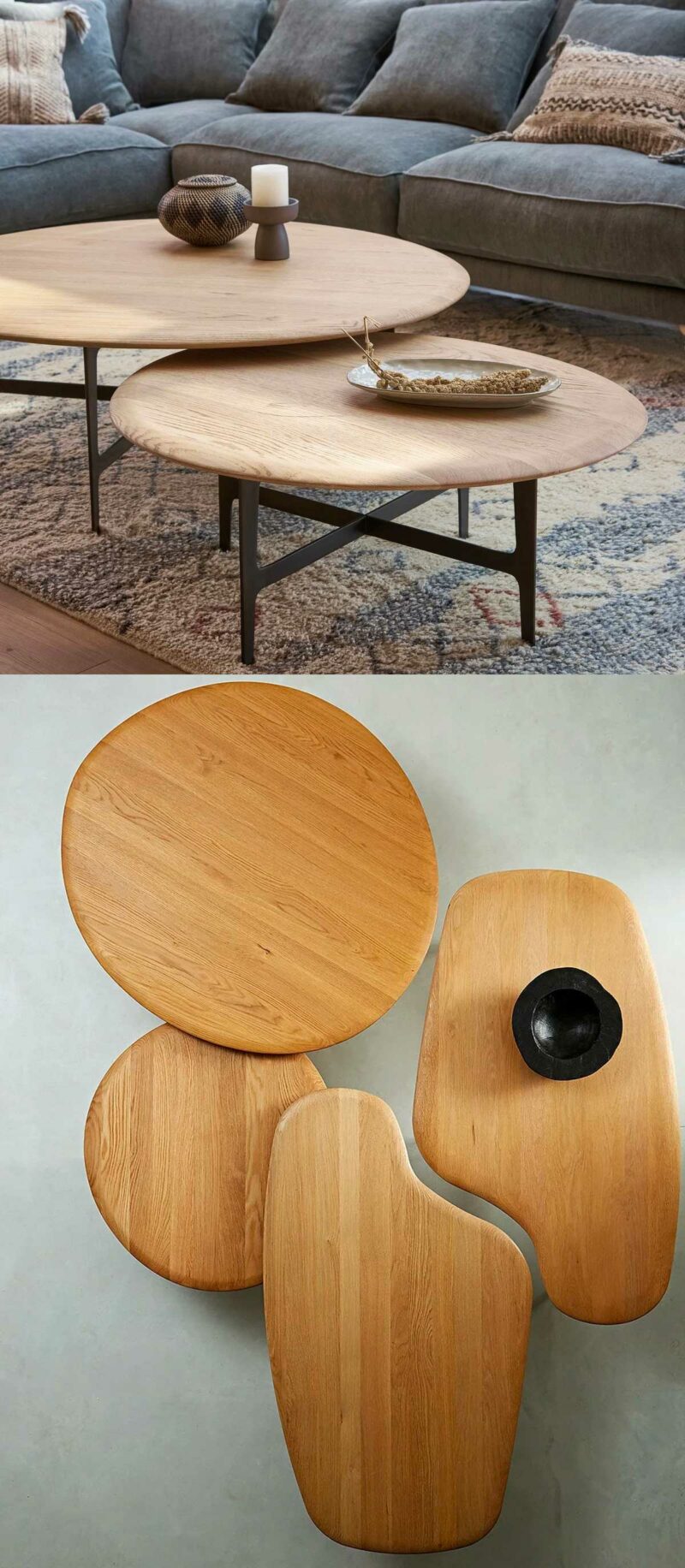 Table basse de forme ronde déformée en chêne avec structure métal noir