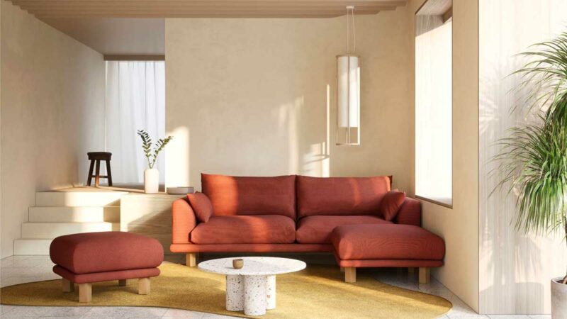 Canapé d’angle modulable terracotta avec pouf assorti