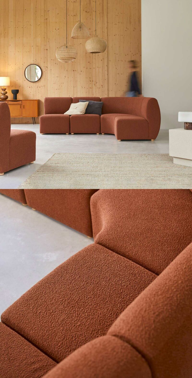 Canapé modulable en tissu bouclette coloris terracotta